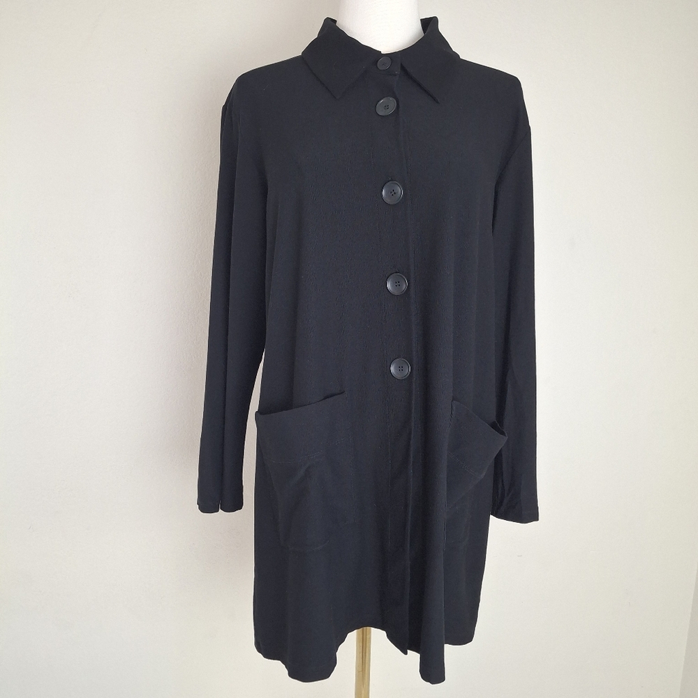 Eileen Fisher Long Collared Button Front Stretch Crepe Cardigan Jacket L/P